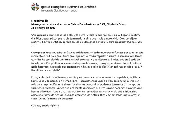 Presiding Bishop Weekly Video Message, May 21, 2021 (Spanish)