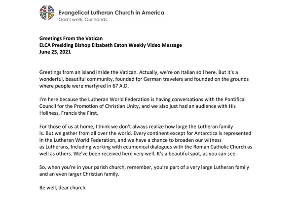 Presiding Bishop Weekly Video Message, June 25, 2021