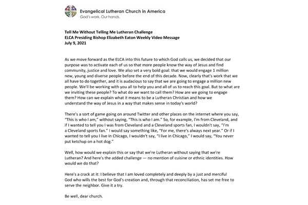 Presiding Bishop Weekly Video Message, July 9, 2021