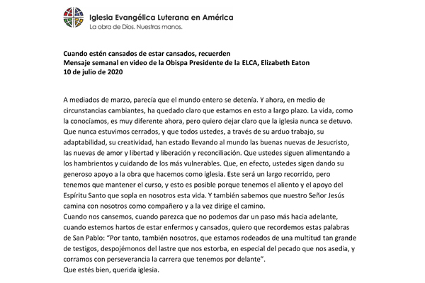 Presiding Bishop Weekly Video Message, July 10, 2020