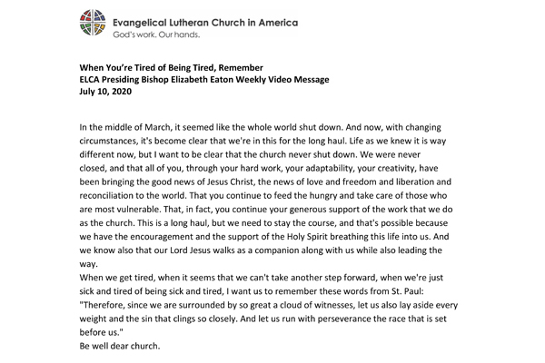 Presiding Bishop Weekly Video Message, July 10, 2020