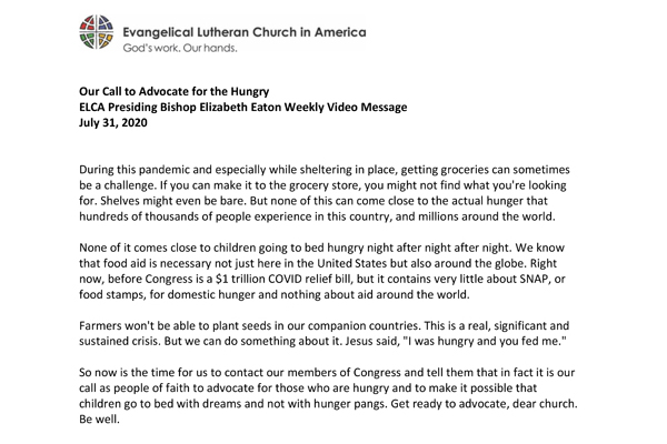 Presiding Bishop Weekly Video Message, July 31, 2020