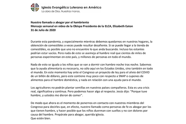 Bishop Eaton Weekly Video Statment – July 31, 2020 – Spanish