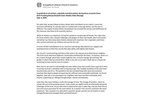 Presiding Bishop Weekly Video Message, September 4, 2020