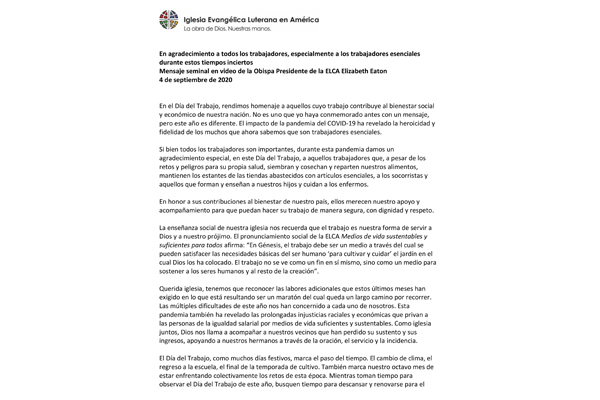 Presiding Bishop Weekly Video Message, September 4, 2020 (Spanish)