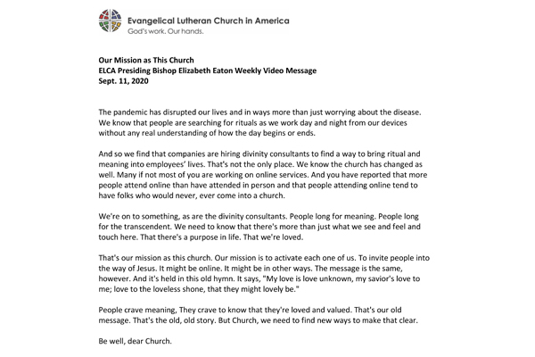 Presiding Bishop Weekly Video Message, September 11, 2020