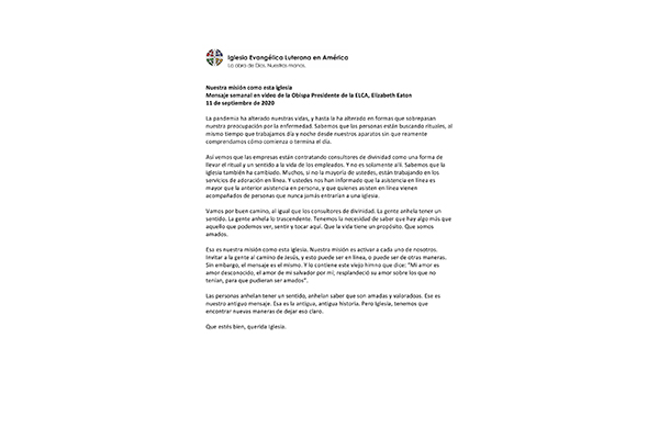 Presiding Bishop Weekly Video Message, September 11, 2020 (Spanish)