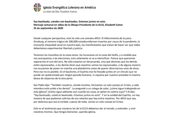 Presiding Bishop Weekly Video Message, September 25, 2020 (Spanish)