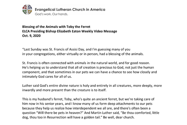 Weekly Video Statement from Bishop Eaton Oct. 9, 2020