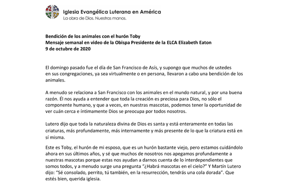 Weekly Video Statement from Bishop Eaton Oct. 9, 2020 Spanish