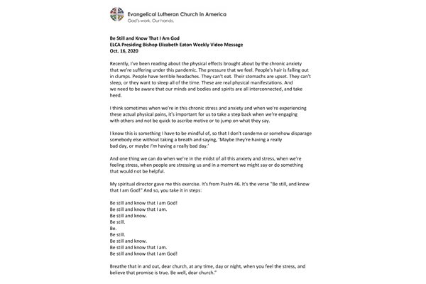 Weekly Video Statement from Bishop Eaton Oct. 16, 2020