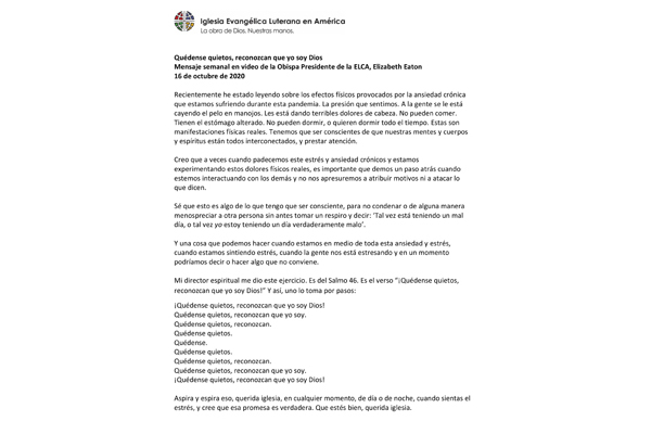 Weekly Video Statement from Bishop Eaton Oct. 16, 2020 Spanish