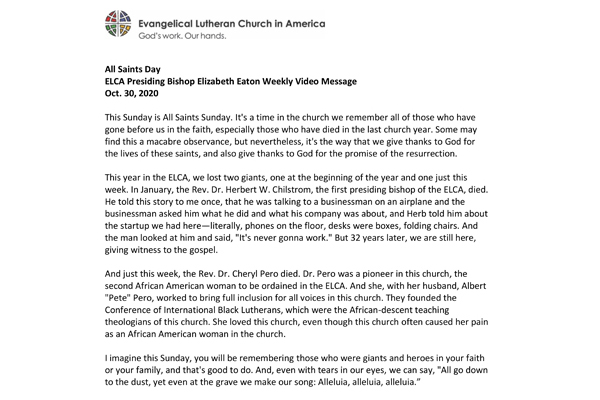 Presiding Bishop Weekly Video Message, October 30, 2020