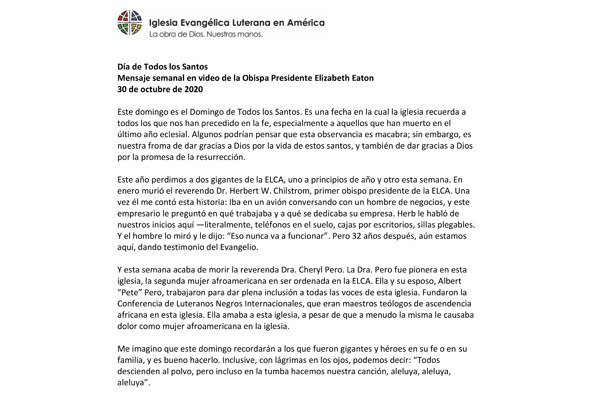 Presiding Bishop Weekly Video Message, October 30, 2020 (Spanish)