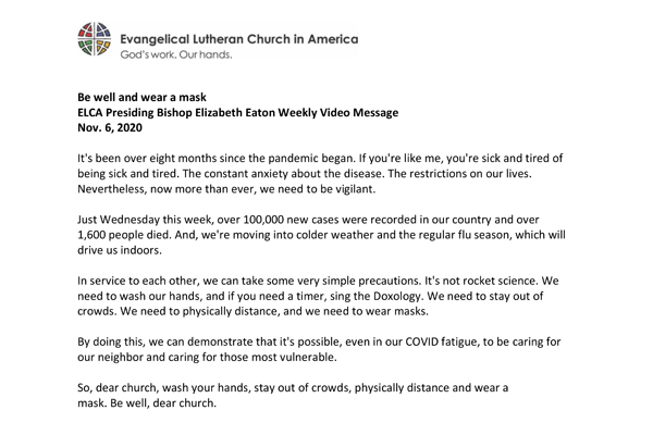 Presiding Bishop Weekly Video Message, November 6, 2020