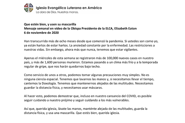 Presiding Bishop Weekly Video Message, November 6, 2020 (Spanish)