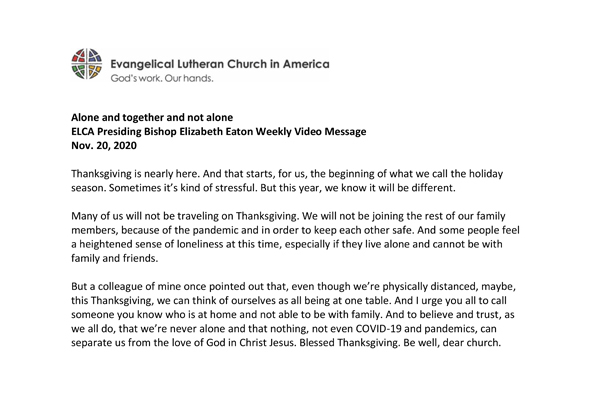 Presiding Bishop Weekly Video Message, November 20, 2020