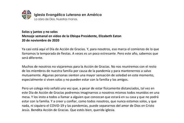 Presiding Bishop Weekly Video Message, November 20, 2020 (Spanish)